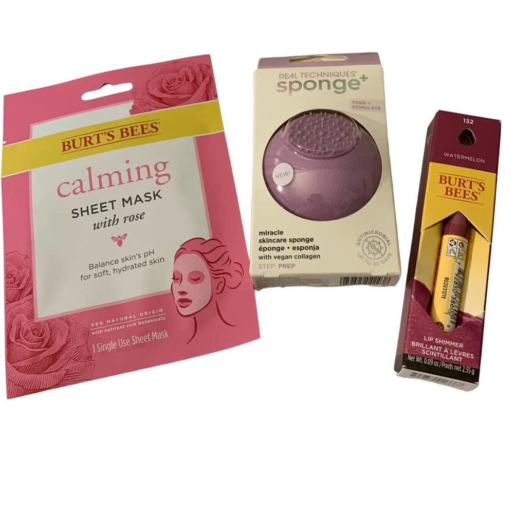 Health & Beauty Product Bundle of 3: Sheet Mask, Skincare Sponge, Lip Shimmer